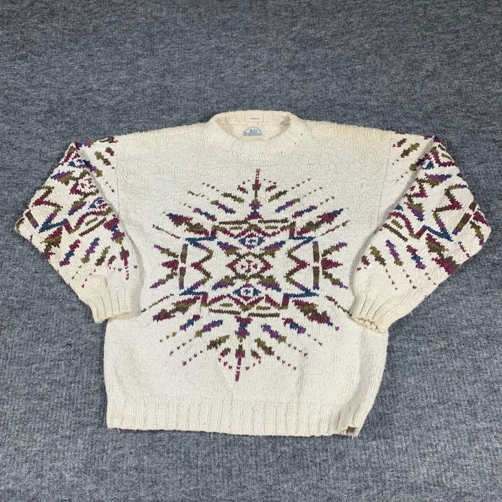 Vintge BD Baggies Sweater Mens Medium White Handknit Aztec Southwestern Abstract